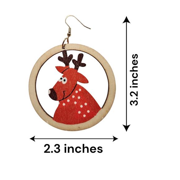 Round Wood Reindeer Christmas Earrings – Lightweight Holiday Jewelry 2.3" x 3.2" - Picture 4 of 6